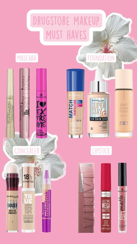 Makeup / drugstore makeup / makeup tips / inspo / wishlist / aesthetic / pink / maybelline newyork / rimmel / catrice / essence Drugstore Makeup Must Haves, Wishlist Aesthetic, Essence Foundation, Makeup Drugstore, Drugstore Concealer, Hydrating Essence, Essence Makeup, Tinted Spf, Makeup Must Haves