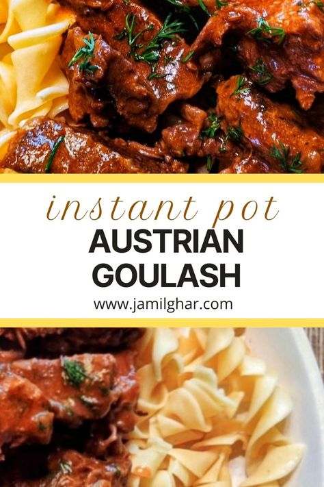 Austrian Goulash features boneless short ribs simmered in a dark gravy in the Instant Pot until the beef is fork-tender; it's the ultimate comfort meal. Instant Pot Hungarian Goulash, Austrian Goulash Recipes, Austrian Goulash, Instant Pot Goulash, German Goulash, Austrian Christmas, Pork Goulash, Boneless Short Ribs, Swiss Food