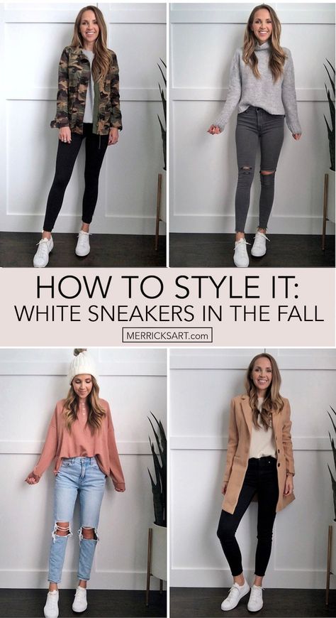 4 Ways to Wear White Sneakers in the Fall - Merrick's Art Work Outfits Women White Sneakers, Cute Work Outfits With Tennis Shoes, Drs Appointment Outfit Casual, White Sneakers Women Outfit, White Tennis Shoes Outfit, Sneaker Outfit Fall, Mode Tennis, White Shoes Outfit, White Sneakers Outfit