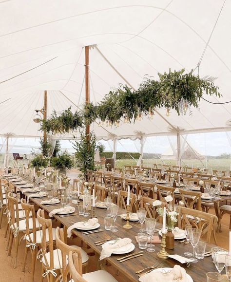 Marquee Wedding Decoration, Brass Cutlery, Hanging Foliage, Ladder Wedding, Hanging Flowers Wedding, Wooden Trestle Table, White Taper Candles, Marquee Decoration, Hanging Ladder