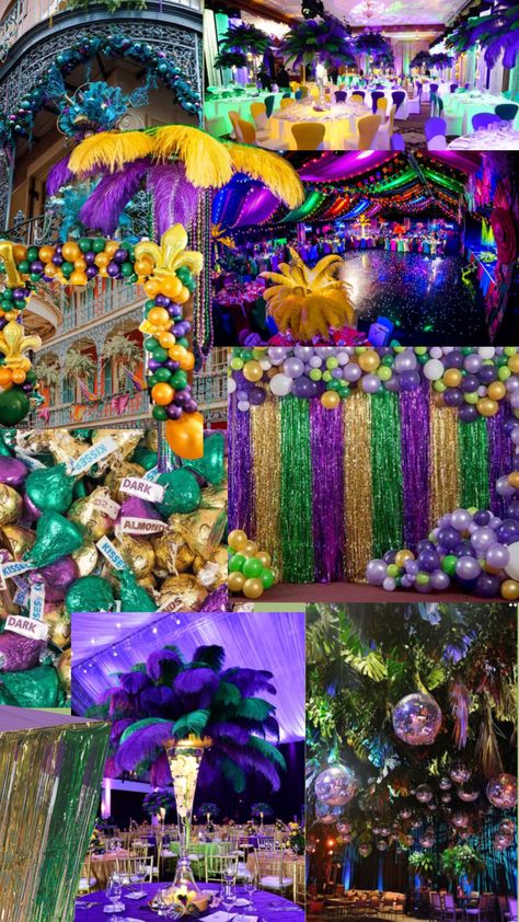 High School Prom Ideas Theme, Fun Prom Themes, New Orleans Prom Theme, Mardi Gras Party Aesthetic, Rio Party Decorations, Mardi Gras Prom Theme, Mardi Gras Homecoming Theme, Mardi Gras Dance Theme, Rio Prom Theme