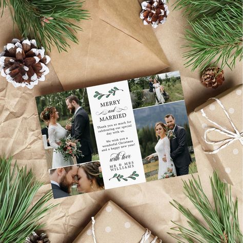 Christmas Card Wedding Thank You, Wedding Thank You Christmas Cards, Merry And Married Christmas Cards, Wedding Christmas Cards, Christmas Wedding Card, Wedding Christmas Card, Merry And Married, Christmas Wedding Themes, Wedding Collage