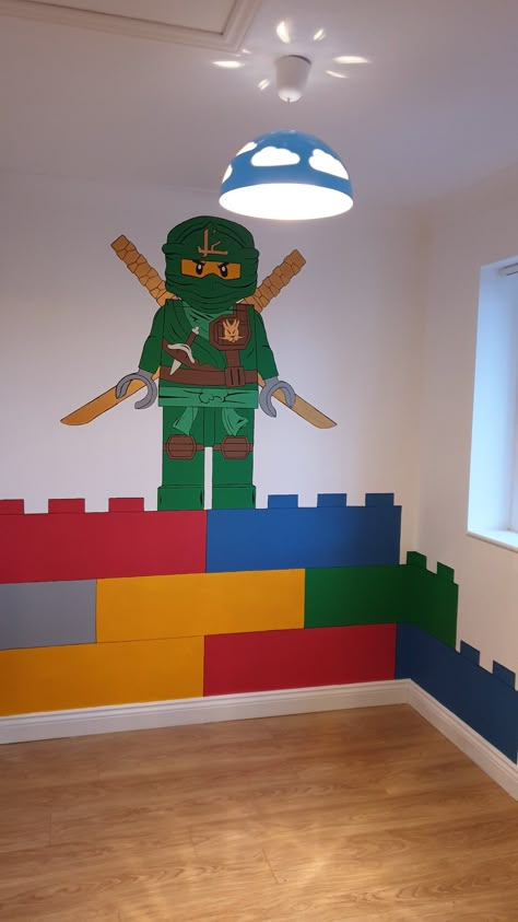 Lego Bedroom Wall, Painted Lego Wall, Paint Lego Wall, Lego Mural Room Ideas, Lego Theme Room, Lego Wall Mural, Ninjago Bedroom Ideas, Ninjago Bedroom, Ninjago Room