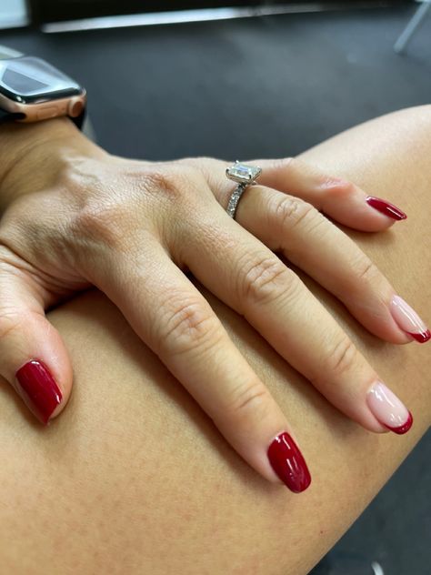 Red And French Nails, Red Combo Nails, Red Winter Nails 2022, Classy Red Nails Short, Red Overlay Nails, Nail Color For Red Dress, Short Red Tip Nails, Red Nails 2022, Nails For A Red Dress