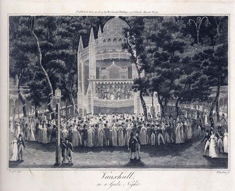 Vauxhall on a Gala Night | Museum of London ENGRAVING, 1804-06-11 Vauxhall Gardens, Georgian England, Georgian London, Historic London, Regency London, Regency England, Greenwich Park, Gala Night, British Architecture