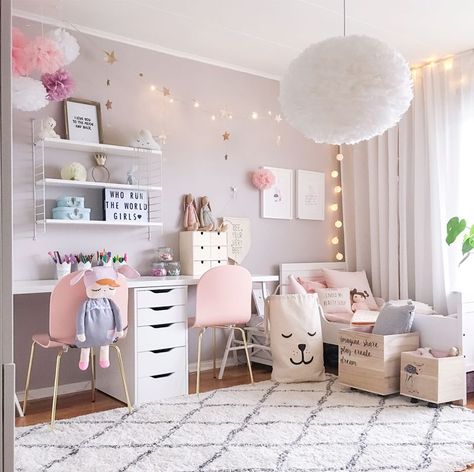 A gorgeous Scandinavian inspired style Shared Girls Room - dusty pink walls, fluffy rug and cushions, pom poms, girly décor, white and grey accents Shared Girls Room, Girl Room Inspiration, Shared Girls Bedroom, Cool Room Decor, Girls Rooms, Kids Room Inspiration, Baby Rooms, Girl Bedroom Designs