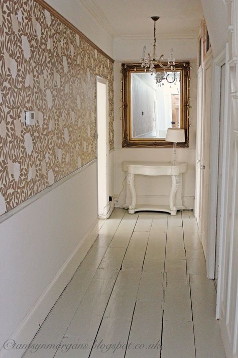 My Hallway DIY Project... - The Villa on Mount Pleasant Din8ng Room, Half Wall Wallpaper, Hallway Wallpaper Ideas, Hallway Diy, Half Wallpaper, Wallpaper Hallway, Half Painted Walls, Hallway Wallpaper, Half Walls