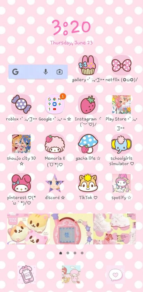 Cutecore Homescreen, Iphone Sanrio Theme, Cutecore Phone Layout, Cutecore Iphone Layout, Kawaii Pink Phone Theme, Kawaiicore Phone Theme, Cute Backgrounds For Iphone, Sakura Art, Cute Home Screens