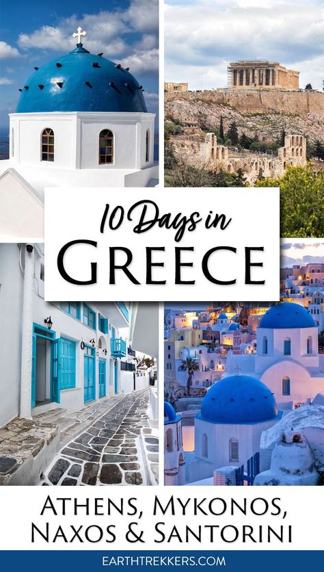 10 day Greece Itinerary: Athens, Mykonos, Naxos, and Santorini. This is a great way to spend 10 days if it is your first time in Greece. Learn how to use the ferries and avoid the lines, with recommendations on where to eat and where to stay. #greece #santorini #mykonos #naxos #athens 10 Days In Greece, Greece Travel Outfits, Greece Itinerary, Mykonos Town, Greece Travel Guide, Greece Vacation, Mykonos Greece, Visiting Greece, Travel Outfits