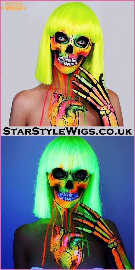 Neon Wig, Neon Skeleton, Neon Skull, Halloween Make-up Looks, Holloween Makeup, Wig Bob, Celebrity Wigs, Skeleton Makeup, Neon Makeup