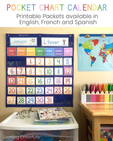 My popular Pocket Chart Calendar Printables are now available in French and Spanish! These brightly colored, cheerful printables are fun and interactive! Kindergarten Calendar Wall, Pocket Chart Calendar, Kindergarten Calendar, Spanish Printables, Preschool Calendar, Editable Calendar, French Activities, Hanging Calendar, Classroom Calendar