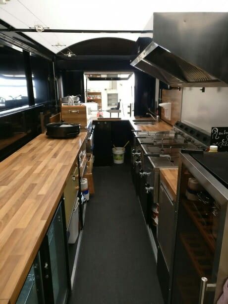 Food Van Interior, Small Food Truck Design Interior, Food Truck Flooring, Food Truck Design Interior Kitchens, Rustic Food Truck, Food Truck Interior Ideas, Food Truck With Seating, Food Van Ideas, Food Trailer Interior