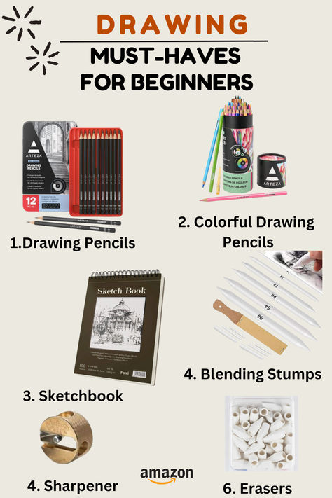 Welcome to the world of drawing! Whether you're just starting out or picking up your pencils again, we've got you covered with the best tools for your artistic journey. Dive into creativity with our carefully selected drawing essentials, tailored to beginners like you. Let's uncover your artistic potential together! drawing pencils, sketchbook, blending stumps, sharpener and erasers, we got you! Drawing Supplies For Beginners, Sketchbook Beginner Ideas, Sketching Essentials, Drawing Essentials, How To Start Your Sketchbook, Artist Tools Art Supplies, Best Procreate Brushes For Sketching, Essential Sketching Tools, Best Mechanical Pencils For Sketching