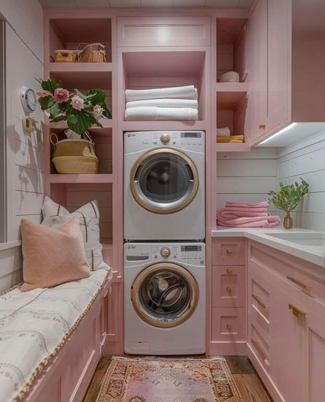 Laundry Room Ideas Small Space Stackable, Pink Utility Room, Tiny Laundry Area, Stacked Laundry Room Ideas, Pink Laundry Room, Laundry Room Addition, Apartment Laundry Room, Stacked Laundry, Mudroom Inspiration