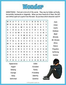 Wonder Word Search Puzzle Worksheet Teaching Wonder, Wonder Novel, Wonder Activities, Wonder Movie, Words Worksheet, Puzzle Worksheet, No Prep Activities, Reading Wonders, Puzzle Activity