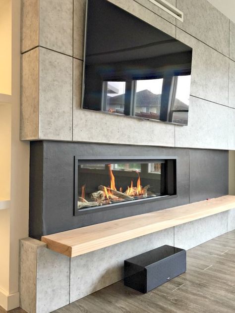 Dark Fireplace, Built In Fireplace, Faux Wall Panels, Fireplace Modern Design, Faux Wall, Concrete Wall Panels, Faux Panels, Concrete Panel, Surrey Bc