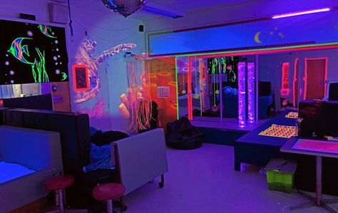 A Glow or Fluorescent room for Adults with specific sensory needs for calming and communication Sensory Room Ideas For Adults, Room Ideas For Adults, Sensory Room Ideas, Sensory Bedroom, Christmas Window Boxes, Glow Fish, Calm Room, Calming Room, Garden Therapy