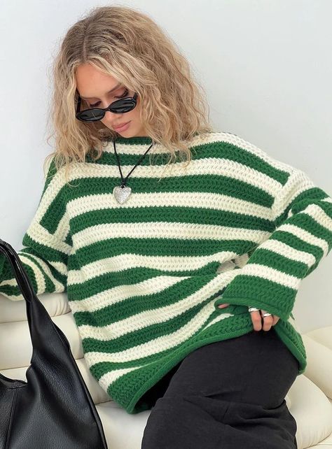 Brando Knit Sweater Green / Cream Stripe | Princess Polly US Casual Knitwear, Winter Knit Sweater, 2 Piece Skirt Set, Long Midi Dress, Women Sweaters, Thanksgiving Outfit, Chunky Knits Sweater, Casual Tank Tops, Green Sweater