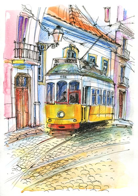 Old Tram Lisbon Portugal. Watercolor Travel Sketch. Lisbon cityscape. Portugal Architecture. Streets of the old city #art #sketch #illustration #print #watercolor #drawing #graphics #Tram #Lisbon Portugal Watercolor, Portugal Architecture, Lisbon Tram, Avatar Poster, Watercolor Travel, Watercolor Scenery, Watercolor Architecture, Diy Watercolor Painting, Travel Sketches