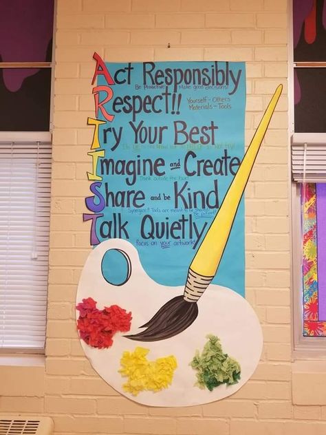 Art Class Ideas High School, Art Board Ideas, Classroom Window Display, Art Bulletin Board Ideas, Middle School Art Room, Art Class Rules, Art Classroom Rules, Art Bulletin Board, Improve Art