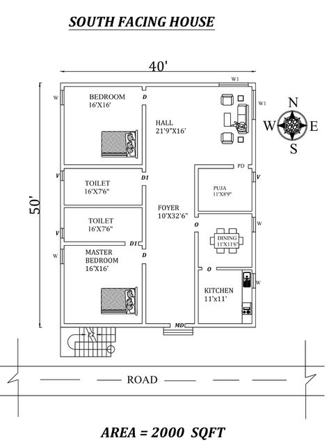 Autocad Drawing file shows 40'X50' 2bhk Awesome South facing House Plan As Per Vastu Shastra. The total buildup area of this house is 2000 sqft. The kitchen is in the southeast direction. Dining near the kitchen is in the east direction. The Hall Placed in the northeast direction. The master bedroom is available in the southwest direction with the attached toilet is in the west. The kid's bedroom is in the Northwest direction. A staircase is available in the southwest outside of the house. The c South Facing House Plans Vastu 2bhk, South Facing House Plans Vastu, 40x50 House Plans Layout, 2000sqft House Plans, South Facing House Plan, Indian House Exterior Design, South Facing House, East Direction, Vastu House