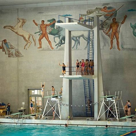 Studio Ashby on Instagram: “One of the most exquisite murals in the Stadio Olimpico del Nuoto indoor aquatics centre at the Foro Italico in Rome #inspiration 🏊” Cabana Magazine, Sports Complex, Bath House, Rome Italy, Functional Design, Interior Details, Innovation Design, Swimming Pool, Rome