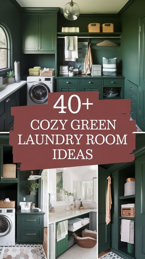 40+ Inspiring Green Laundry Room Transformations to Try Laundry Room White Cabinets Green Walls, Green And Cream Laundry Room, Laundry Room With Sage Green Cabinets, Green Laundry Room With Wallpaper, Sage Laundry Room Cabinets, Color Drench Small Laundry Room, Laundry Room Ideas Moody, Dark Green Cabinets Laundry Room, Sage Green Laundry Room Walls