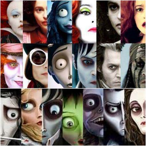 Tim Burton's character portraits. Face expressions - Serious, some arched eyebrows, large eyes, slight smiles. Tim Burton Personajes, Tim Burton Johnny Depp, Tim Burton Characters, Circus Characters, Tim Burton Style, Tim Burton Art, Fritz Lang, Tim Burton Films, Tim Burton Movie