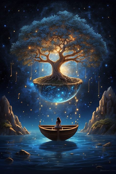 This stunning image shows a floating world suspended in the middle of the universe, where stars are music notes and the sky is filled with colors. This is a perfect pin for anyone who loves fantasy, art, and music. 🎵🌠🌈 Floating World, Prompt Engineering, Birds Chirping, Magical Tree, Boat Safety, Tree Artwork, Pretty Backgrounds, Peaceful Parenting, Tree Illustration