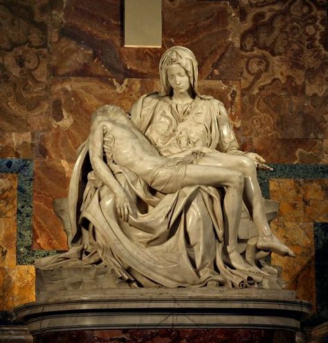 La Pieta by Michaelangelo at age 24 his first sculpture is in St. Peter's Basilica, Vatican City, Italy of Mary holding the lifeless body of her son; Jesus,as he was brought down from the cross. One arm holds him tight, while in the same motion the other hand extendeding, offering him to the world. Nothing to comfort her. Peters Basilica, Michelangelo Sculpture, Rob Sheridan, Michael Angelo, Lorenzo Bernini, Istoria Artei, Jan Van Eyck, St Peters Basilica, St Peters