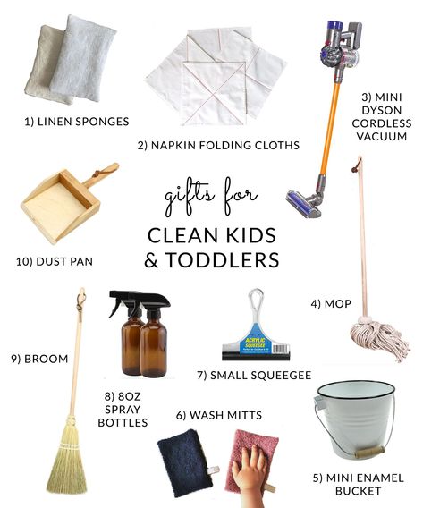 Gift guide with cleaning supplies for kids and toddlers. Encourage your little ones to clean with you while cleaning is still fun! #montessori #kidscleaningkit Toddler Cleaning Kit, Montessori Cleaning, Toddler Cleaning, Natural Cleaning Products Diy, Toddler Organization, Natural Cleaning Solutions, Montessori Diy, Cleaning Supplies Organization, Chemical Free Cleaning