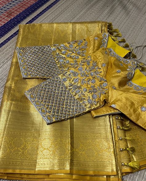 Golden Glow 💛💛 Radiating elegance in every stitch! This custom GOLDEN Brides blouse features mesmerising cutwork details embellished with Zardosi and french knot work. A true masterpiece ❤️ . . . ping us on +91 9347005083 ✨ . . . [ Bridal blouses, maggam work, Bridemsaid , Bridaledit , weddingedit , designer blouses, Bridesofhyderabad] Blouses Maggam Work, Studio 149, Maggam Designs, Golden Blouse, Bridal Blouses, Zardosi Work, Reception Look, Maggam Works, Maggam Work Blouses