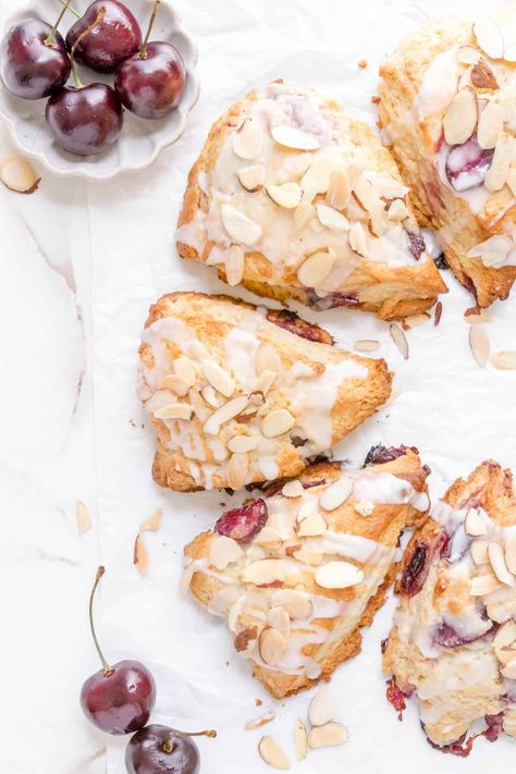 Cherry Almond Scones with Almond Glaze - Maple and Thyme Cherry Almond Scones Recipe, Almond Scones Recipe, Cherry Almond Scones, Cherry Scones Recipe, Cherry Loaf Cake, Easy Scone, Almond Scones, Basic Scones, Almond Glaze