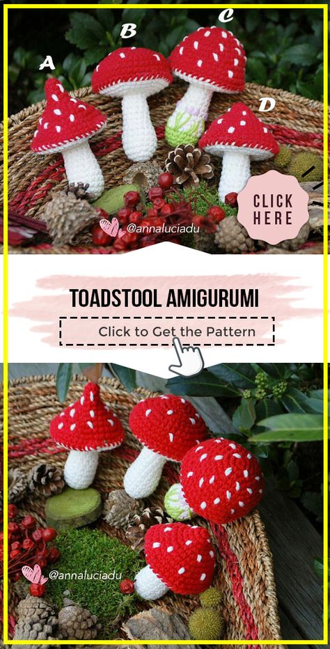 Free Crochet Toadstool Pattern, Mushroom Arigumi, Small Mushroom Crochet Pattern, Crochet Mushroom Ornament Pattern, Crochet Toadstool Pattern Free, Crochet Easy Amigurumi, Free Crochet Mushroom Pattern, Free Mushroom Crochet Pattern, Crochet Mushroom Pattern Free