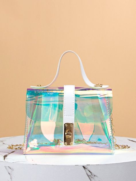 [goods_name] | SHEIN USA Funky Handbags, Mark Metal, Holographic Fashion, Holographic Bag, Cosmetic Box, Heart Quilt, Polyvinyl Chloride, Cute Purses, Blue White And Black