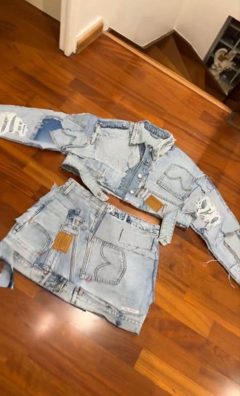 Custom Denim Skirt Outfit, Custom Jean Skirt, 3d Outfit, Hoco Outfits, Trip Fits, Reworked Clothes, Denim Diy Clothes, Reworked Denim, Diy Clothes Design