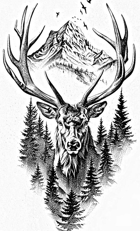 Deer Sleeve Tattoo, Mens Hunting Tattoos, Elk Tattoo Men, Deer Tattoo Men, Hunter Tattoo Ideas, Wild Child Tattoo, Mountain Sleeve Tattoo, Deer Hunting Tattoos, Elk Tattoo