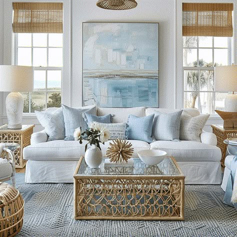 Hampton Style Beach House, Costal Grandma Aesthetic Living Room, Coastal Living Room Apartment, Serena And Lily Living Room, Coastal Modern Living Room, Sunny Living Room, Modern Coastal Living Room, Chic Living Room Decor, Coastal Decorating Living Room