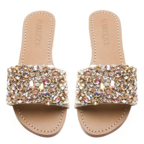 Shoes Design Ideas, Spring Footwear, Mystique Sandals, Sparkly Sandals, Fashion Shoes Sandals, Elegant Heels, Rhinestone Flats, Chic Sandals, Shoes Flats Sandals