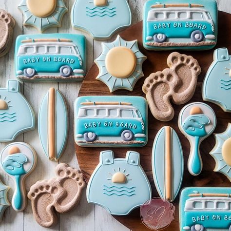 SJ Cookiez (@sjcookiez) | Instagram Surf Birthday Party, Baby Boy Cookies, Surf Birthday, Florida Baby, Ocean Baby Showers, Cookie Decorating Party, Baby Shower Theme Decorations, Sugar Cookie Designs, Baby On Board