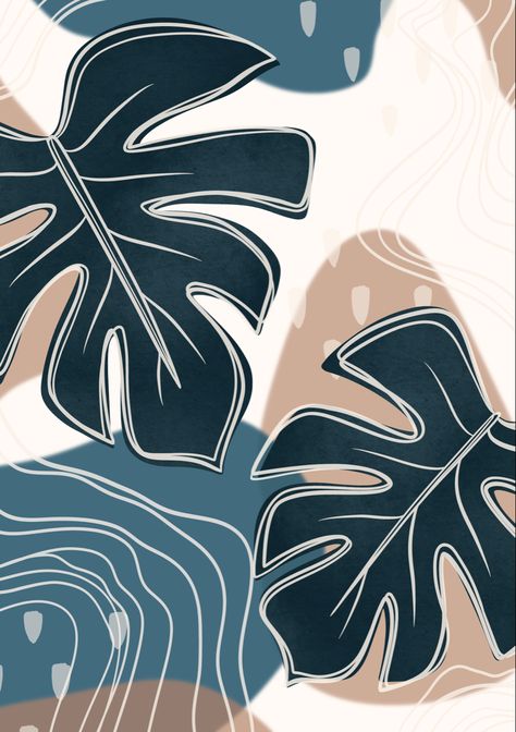 Cute and simple boho monstera line art design, in blue and brown color tones. Simple and aesthetic. Boho Painting Wallpaper, Blue And Brown Wall Art, Boho Art Blue, Simple Boho Art, Blue Boho Painting, Pattern Painting Ideas On Canvas, Monstera Wallpaper Aesthetic, Boho Painting Blue, Simple Line Art Aesthetic