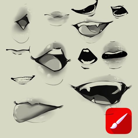 A bunch of cute mouth stamps for infinite painter Anime Mouth Fangs, Anime Fang Mouth, Sliding Drawing Reference, Mouth Drawing Reference Tounge Out, Tongue Reference Drawing, Demon Mouth Drawing, Female Mouth Drawing, Anime Mouth Sharp Teeth, Mouth Sketches