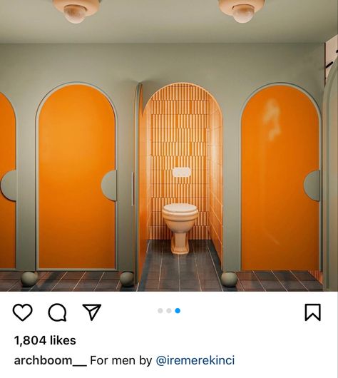 Orange Toilet, Bathroom Render, Colorful Bathrooms, Public Bathroom, Kids Toilet, Wc Design, Bathroom Stall, Restroom Design, Mid Century Bathroom