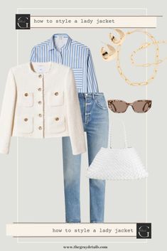 Lady Jacket with jeans Cream Jacket Outfit Casual, Spring Tweed Jacket Outfit, Short White Jacket Outfit, Ivory Tweed Jacket Outfit, White Short Jacket Outfit, Cream Utility Jacket Outfit, Nashville Business Casual, White Tweed Jacket Outfit Casual, White Lady Jacket Outfit