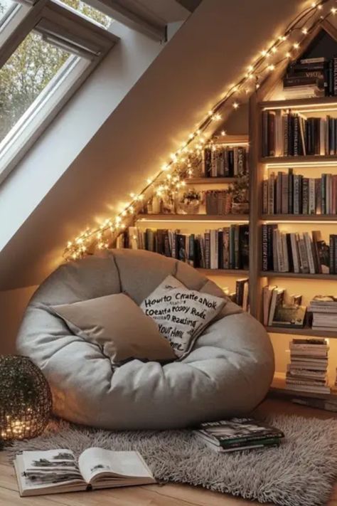 Beautiful setup of a cozy reading nook featuring a snug chair, soft lighting, and a collection of books. This décor idea makes reading more enjoyable and appealing. Reading Chair Corner Small Spaces, Closet Turned Into Reading Nook, Bedroom With Reading Nook, Reading Corner Home, Reading Chair Corner, Home Reading Corner, Reading Nook Aesthetic, Closet Reading Nook, Comfy Reading Nook