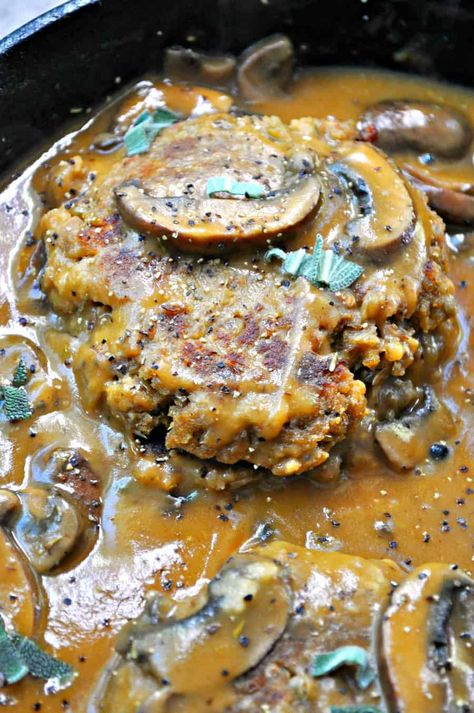 Turkey Salisbury Steak, Salisbury Steak With Mushroom Gravy, Steak With Mushroom Gravy, Salisbury Steak Recipe, Vegan Lentil, Vegan Meat, Mushroom Gravy, Vegan Main Dishes, Salisbury Steak