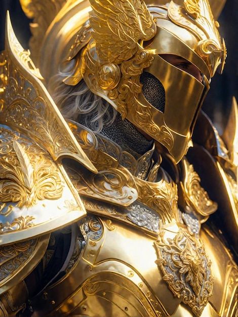 Photo a knight in a shiny golden armor | Premium Photo #Freepik #photo Shiny Armor, Golden Armor Aesthetic, Golden Knight Aesthetic, Golden Knight, Gold Armor Aesthetic, Gold Knight, Golden Armor, Sun Knight, Knight Photo