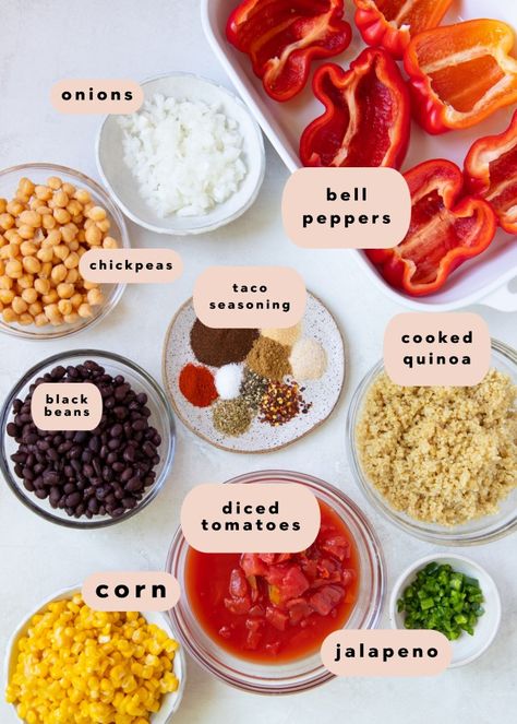 Bell Pepper Healthy Recipes, Chickpea Stuffed Bell Peppers, Stuffed Bell Peppers Veggie, Bell Pepper Recipes Vegetarian, Stuffed Peppers Vegan, Vegetarian Stuffed Bell Peppers, Vegan Bell Pepper Recipes, Bell Pepper Recipes Stuffed Vegetarian, Pepper Quinoa