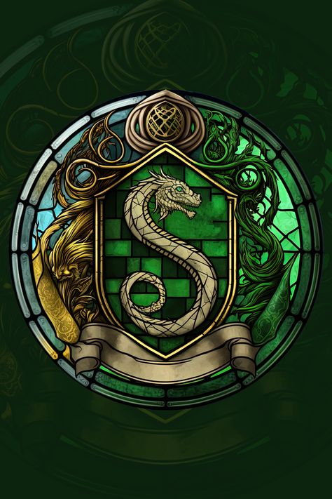 Fanart of the Slytherin house crest from the Hogwarts school. Inspired by the J.K. Rowling novels, Hogwarts Legacy video game, and H. Potter movies. Available on all sorts of t-shirts, hoodies, notebooks, mugs, stickers, phonecases, etc. Slytherin Fanart, Hogwarts Legacy Wallpaper, Hogwarts Legacy Fanart, Hogwarts Legacy Slytherin, Slytherin Logo, Slytherin House Crest, Stained Glass Artwork, Hogwarts Slytherin, Slytherin Wallpaper