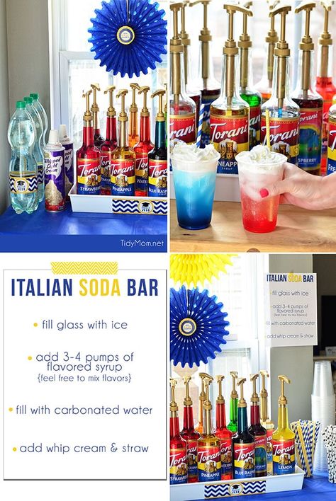 Italian Soda Bar, Italian Sodas, Party Beverages, Italian Cream Soda, Soda Bar, Fun Straws, Italian Party, Italian Soda, Soda Recipe